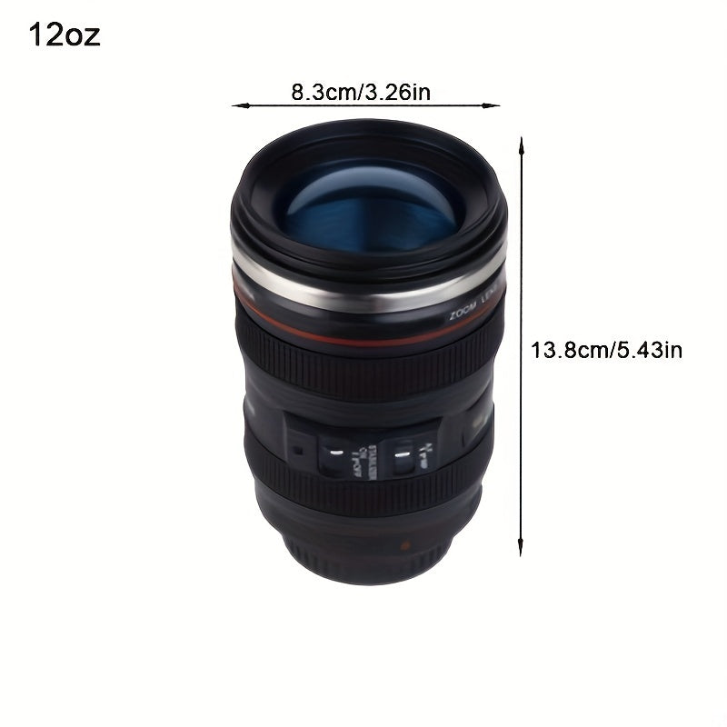 1pc 350ml/12oz Camera Lens Coffee Mug, Stainless Steel, Creative 6th Gen Design with Lid