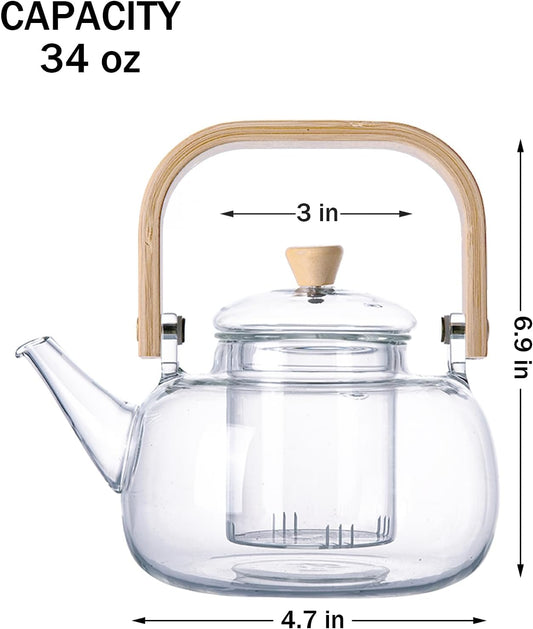 Glass Teapot, Stovetop & Microwave Safe Teapot, 34 oz(1000ml)