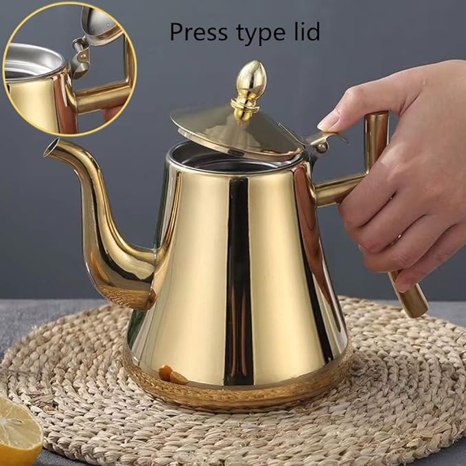TOPONE 50oz/1500ml Stainless Steel Teapot with Infuser, Gold, Dishwasher Safe