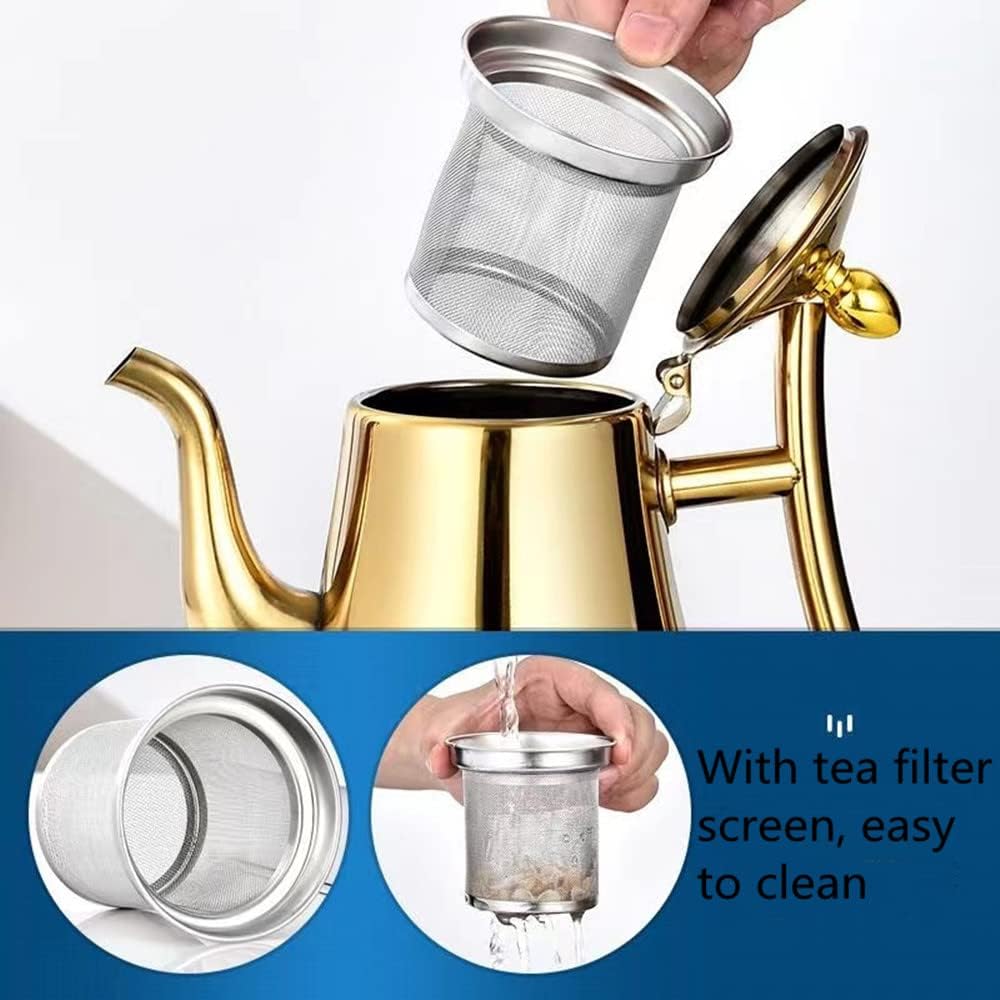 TOPONE 50oz/1500ml Stainless Steel Teapot with Infuser, Gold, Dishwasher Safe