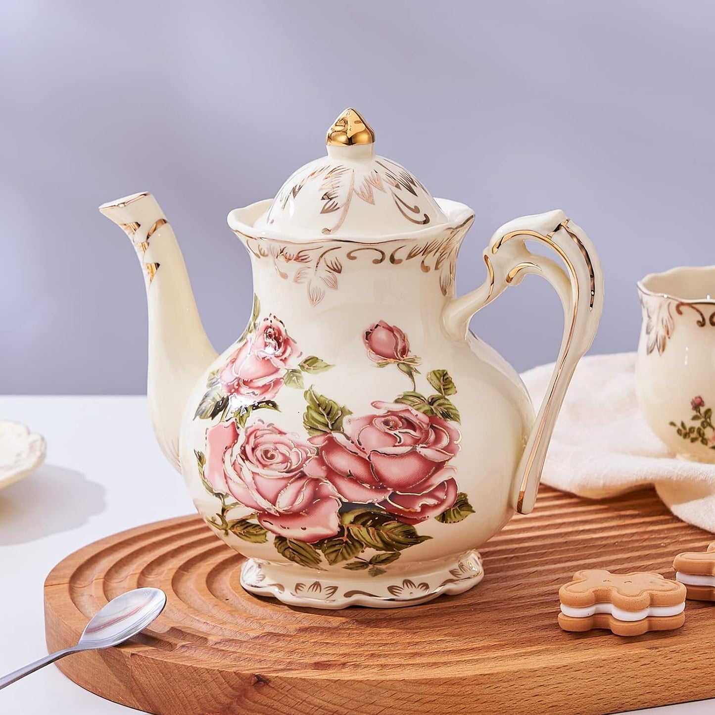Pink Rose Ceramic Tea Pot, Ivory Vintage Floral Teapot 29oz