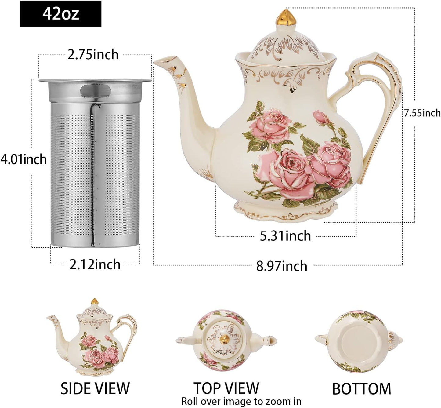 Pink Rose Ceramic Tea Pot, Ivory Vintage Floral Teapot 29oz