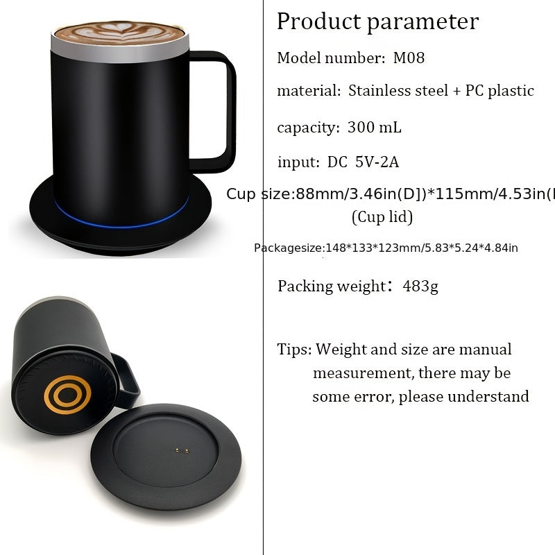 1pc 12 Oz Automatic Heating Stainless Steel Coffee Mug with Lid, USB Powered