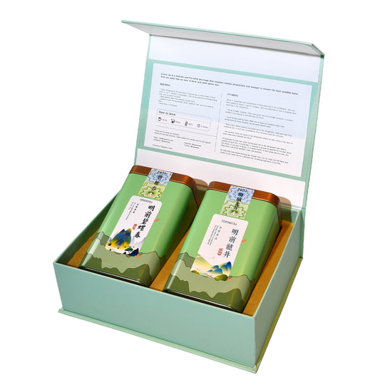 TOPONETEA 2 Different Varieties Gift Box-Biluochun 碧螺春 & Dragon Well Tea 龙井茶 in Noble Magnet Box Gift Set Pre Qingming Chinese Green Tea Loose Leaf Tea for Christmas Gift