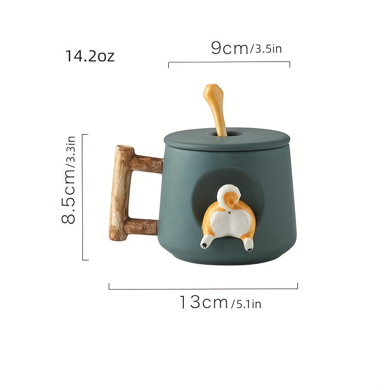 14.2oz Shiba-Inu Themed Ceramic Coffee Mug with Lid & Spoon, Cute Kawaii Design