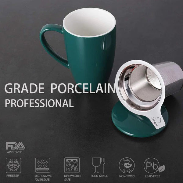 Porcelain Tea Mug with Infuser and Lid,Teaware with Filter, 16 Fl Oz