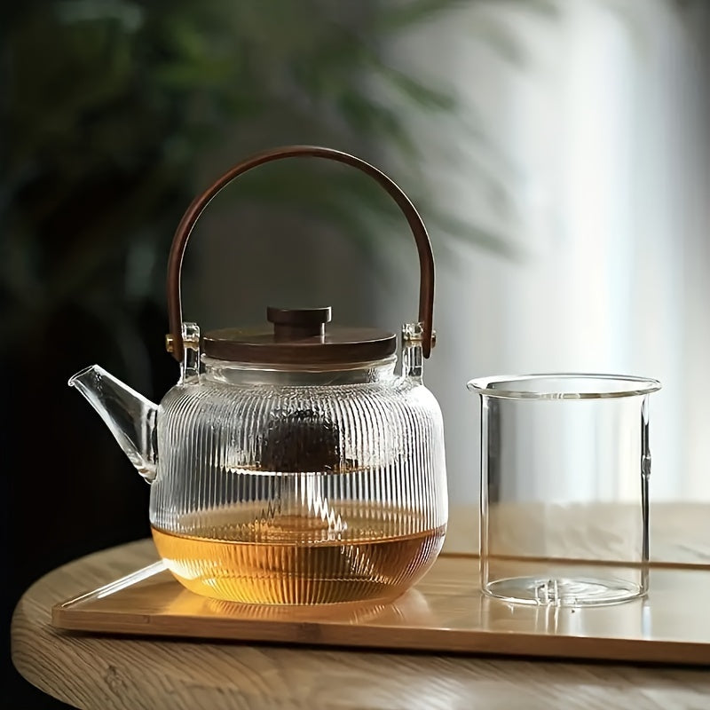 Stovetop Glass Teapot with Infuser and Wood Lid, 27 oz - Clear, for Home and Outdoor