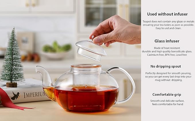 Glass Teapot with Infuser, Heat-Resistant, for Blooming/Loose Leaf Tea Home/Office