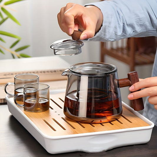 Glass Teapot with Wooden Handle, 6pcs Teacups, High-Temp Resistant for Blooming/Loose Tea