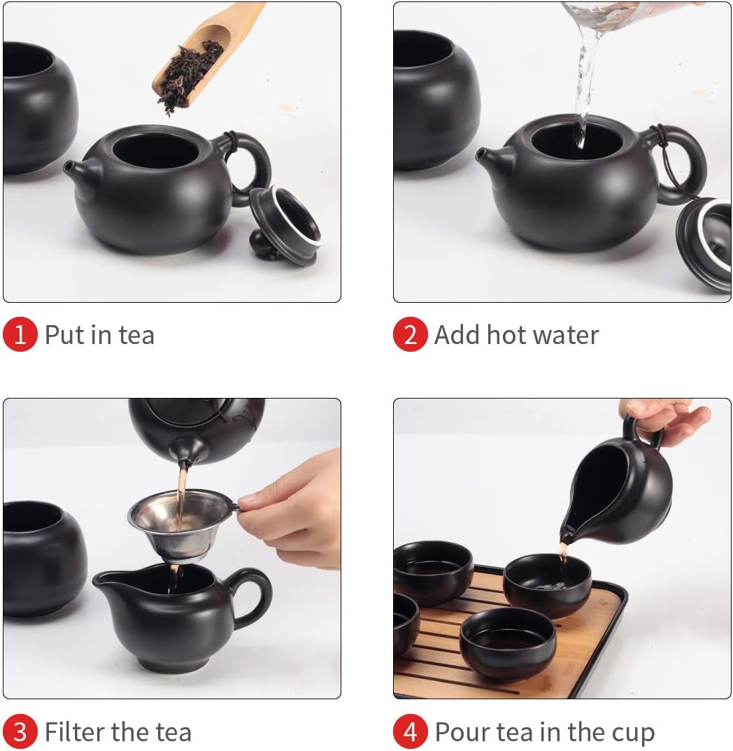 Portable Black Chinese Tea Set with Tray & Infuser - Ideal for Travel, Picnic, Business