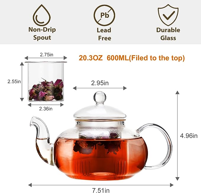 Glass Teapot with Infuser, Heat-Resistant, for Blooming/Loose Leaf Tea - Home/Office