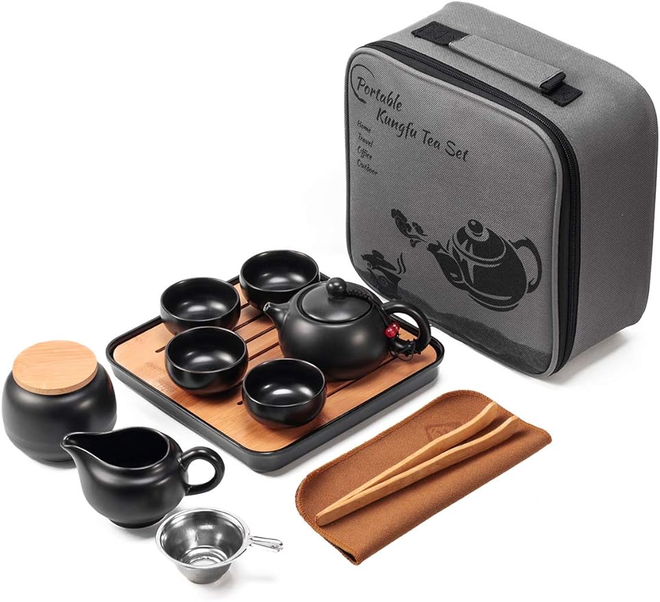 Portable Black Chinese Tea Set with Tray & Infuser - Ideal for Travel, Picnic, Business