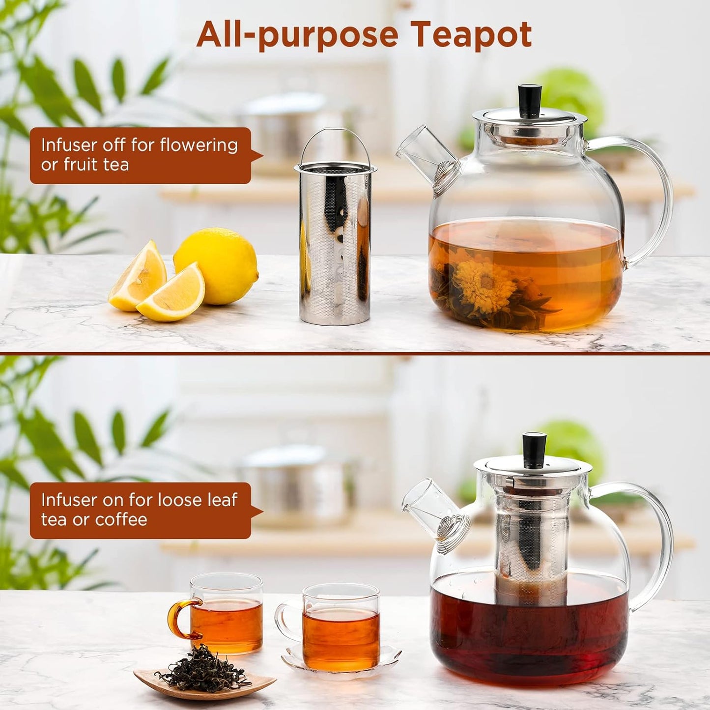 1500ml(52oz) Glass Teapot: Stovetop Safe, Removable Infuser, Ideal for Blooming & Loose Leaf Tea