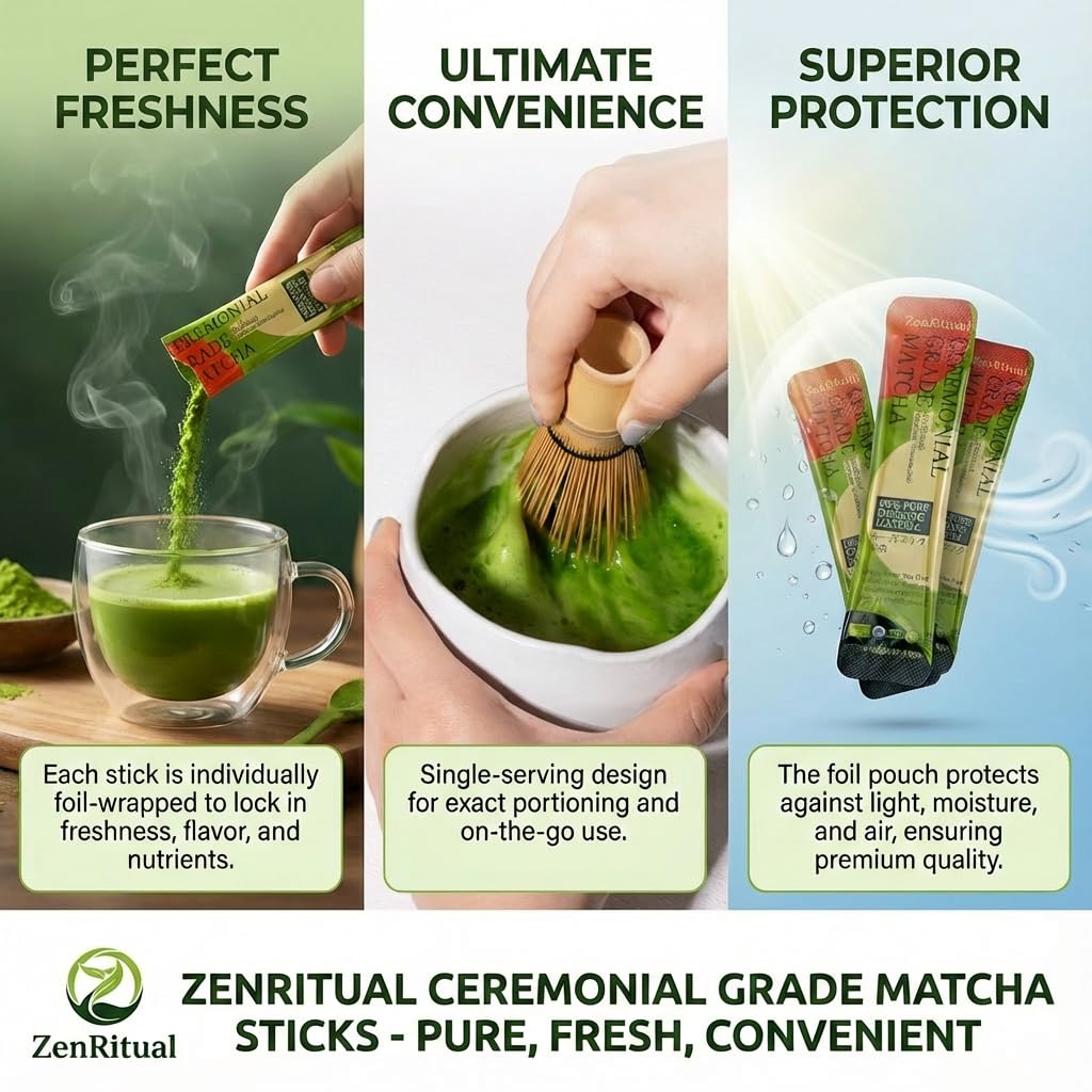 ZenRitual Organic Matcha Sticks, Ceremonial Grade Matcha Green Tea Powder, 20 Single Serve Packets, USDA Organic, Unsweetened Matcha Latte & Tea to Go for Travel, Work & Daily Ritual