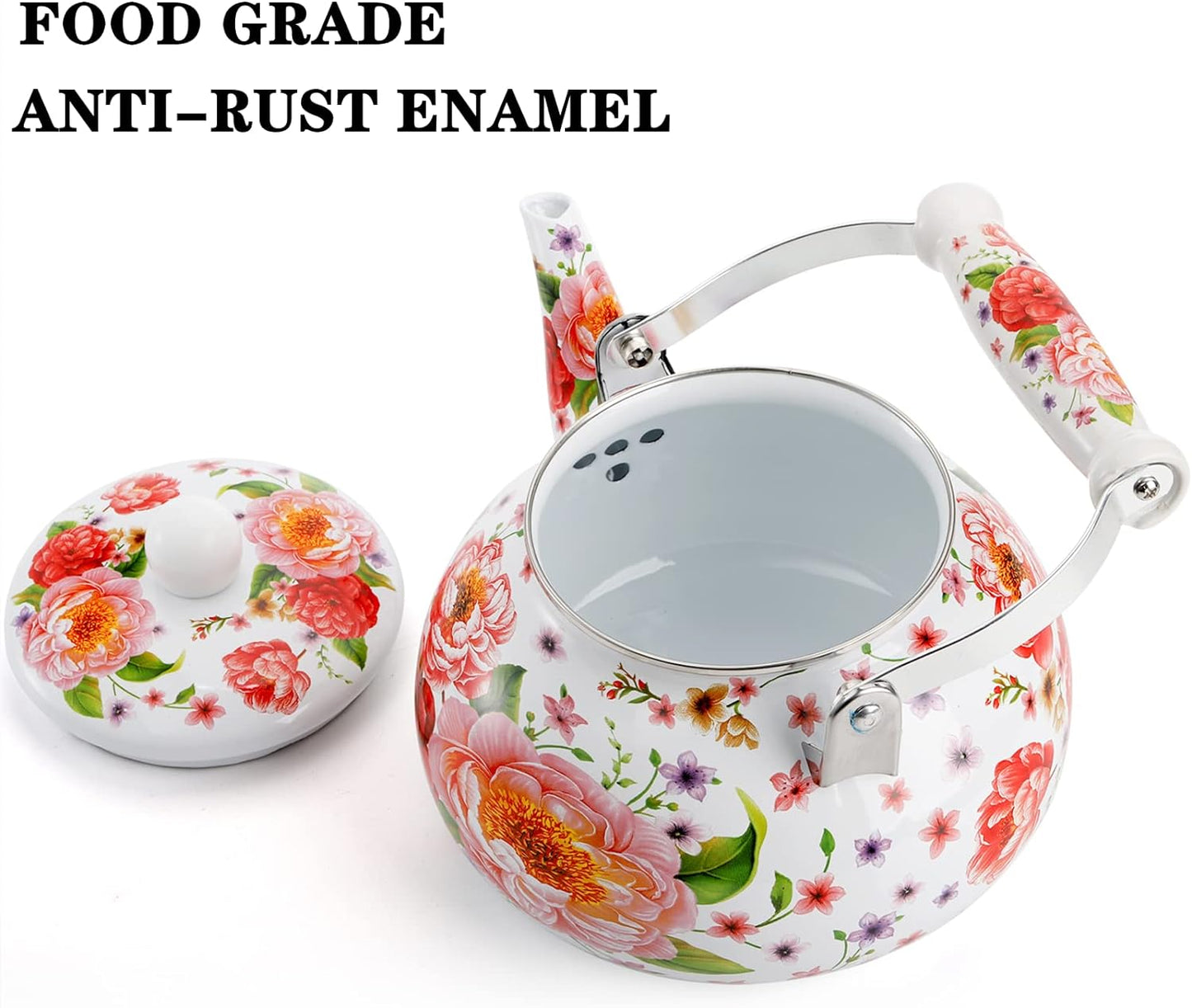 2.6 Qt Enamel Teakettle, Floral Design, Ceramic Handle, No Whistle