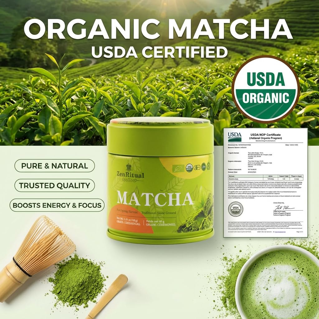 ZenRitual Ceremonial Grade Matcha Powder - Pure Organic Green Tea, 1.41 oz (40 Single Servings) Tin - Authentic Stone Ground, Eurofins Tested - Zero Sugar, Best for Oat Milk Latte, Smoothies & To Go (Vegan, Keto)