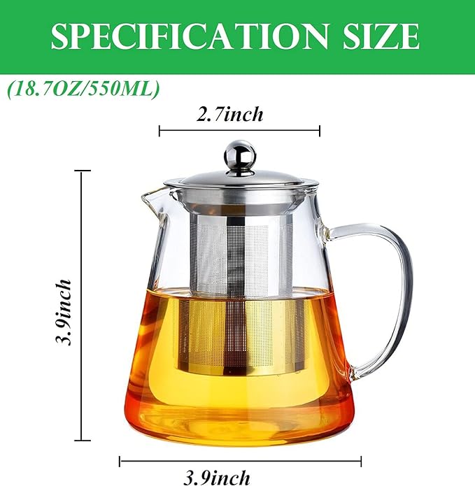 Heat-Resistant Thick Glass Teapot with Stainless Steel Filter, Dishwasher Safe