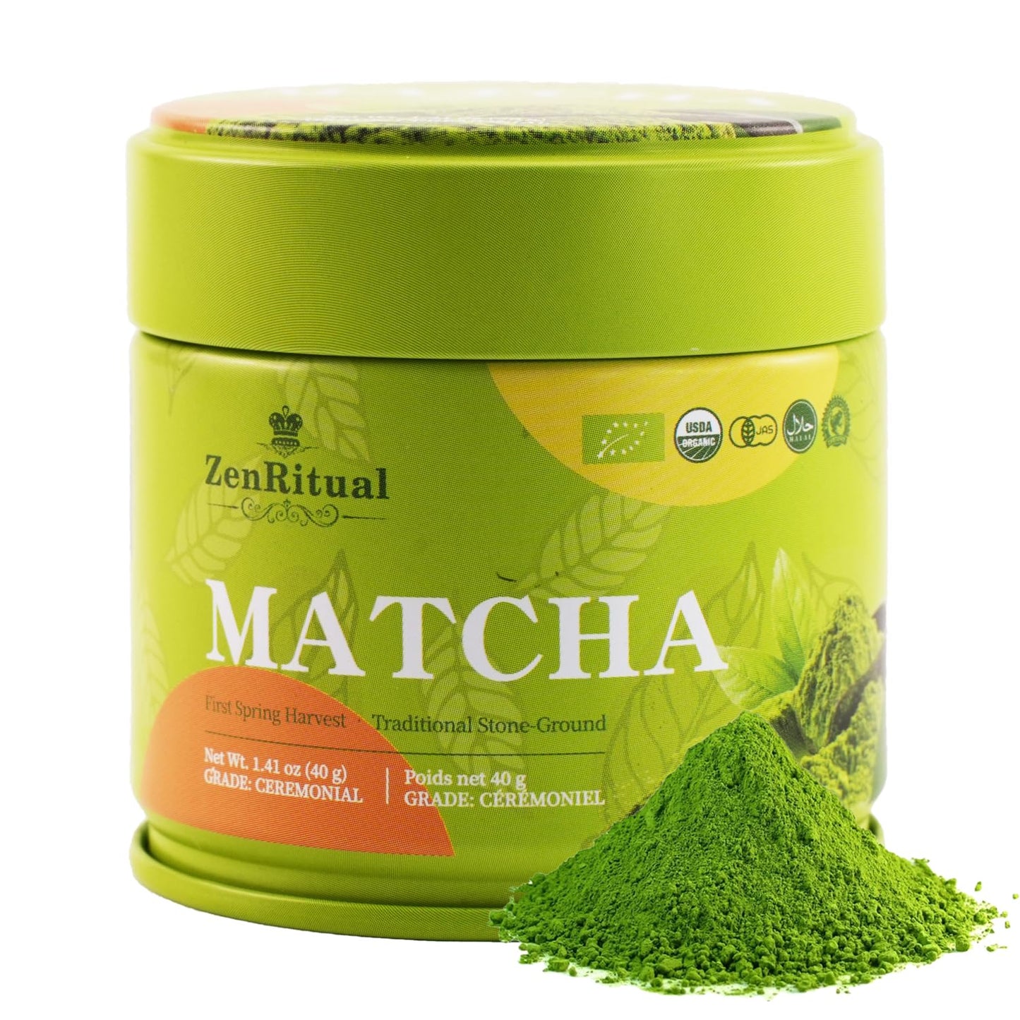 ZenRitual Ceremonial Grade Matcha Powder - Pure Organic Green Tea, 1.41 oz (40 Single Servings) Tin - Authentic Stone Ground, Eurofins Tested - Zero Sugar, Best for Oat Milk Latte, Smoothies & To Go (Vegan, Keto)