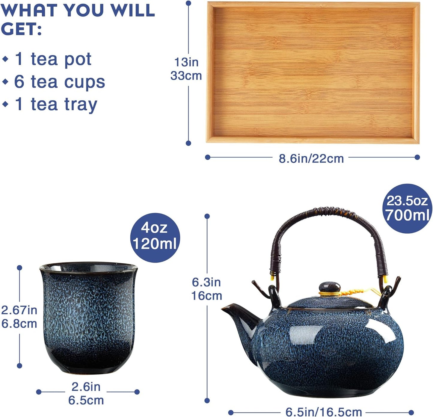 Japanese Tea Set for 6, Kiln Altered Glaze Porcelain Tea Set