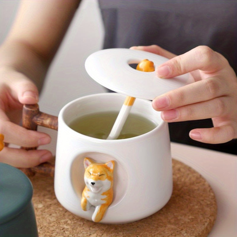 14.2oz Shiba-Inu Themed Ceramic Coffee Mug with Lid & Spoon, Cute Kawaii Design