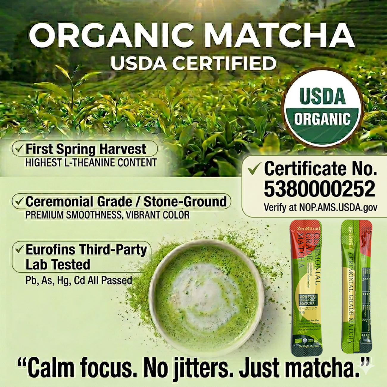 ZenRitual Organic Matcha Sticks, Ceremonial Grade Matcha Green Tea Powder, 20 Single Serve Packets, USDA Organic, Unsweetened Matcha Latte & Tea to Go for Travel, Work & Daily Ritual