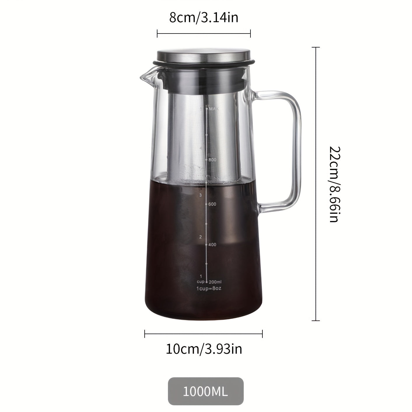 34oz Cold Brew Coffee/Iced Tea Maker with 1.0L Glass Carafe, Stainless Steel Filter
