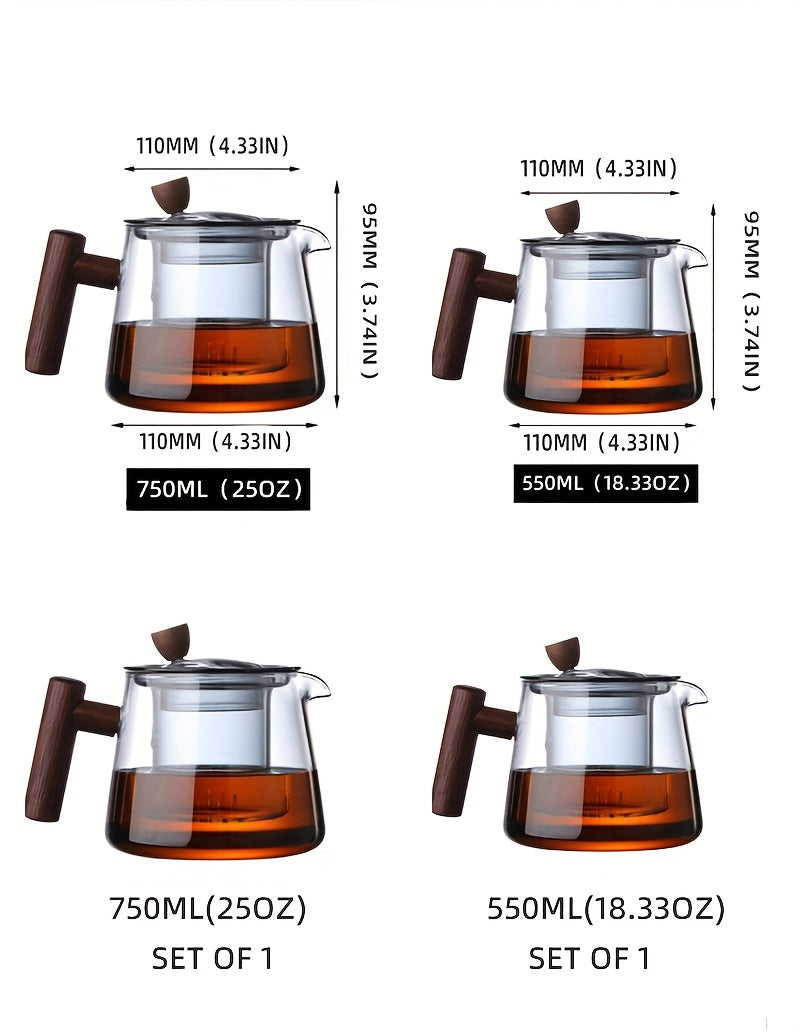 Glass Teapot with Wooden Handle, 6pcs Teacups, High-Temp Resistant for Blooming/Loose Tea
