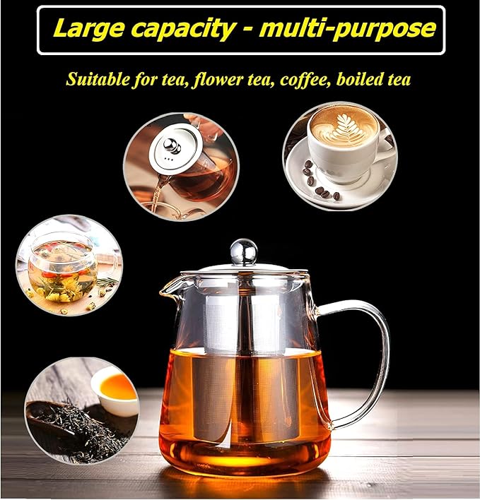 Heat-Resistant Thick Glass Teapot with Stainless Steel Filter, Dishwasher Safe
