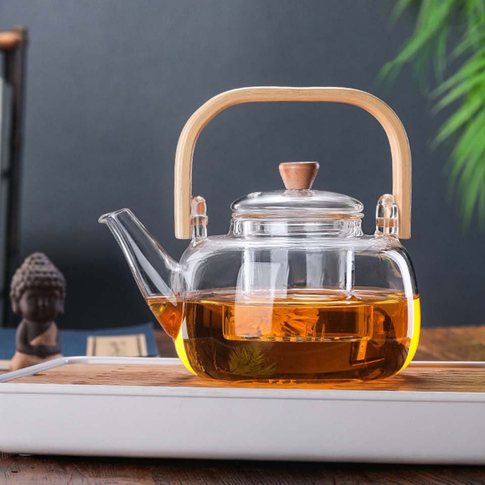 TOPONE Handle Glass Teapot Heat-Resistant Teapot Flower Tea Kettle Large Clear Fruit Juice Container Ceramic Teapot Holder Base