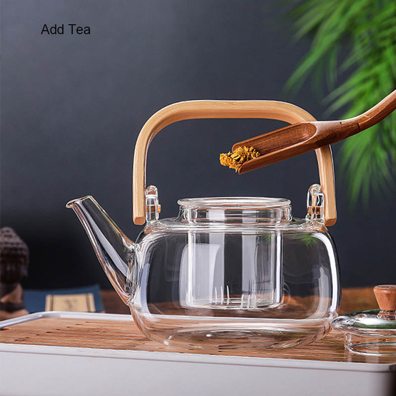 TOPONE Handle Glass Teapot Heat-Resistant Teapot Flower Tea Kettle Large Clear Fruit Juice Container Ceramic Teapot Holder Base