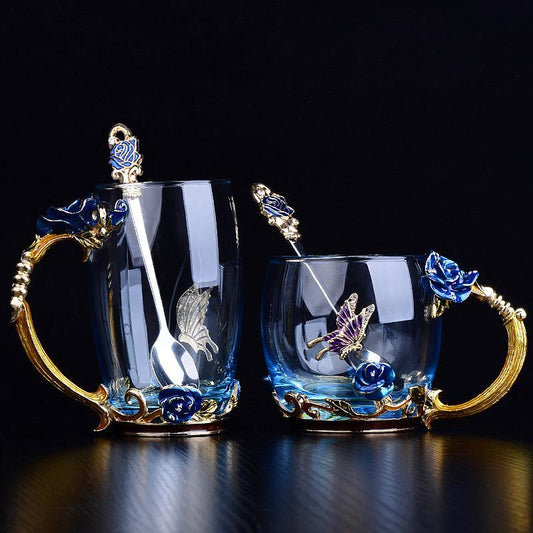 TOPONE Blaue Rose Emaille Kristall Tasse Blume Tee Glas Hochwertige Glastasse Blumenbecher mit Handgriff Perfektes Geschenk für Liebhaber Hochzeit