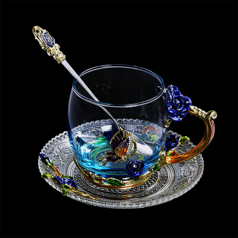 TOPONE Blue Rose Enamel Crystal Cup Flower Tea Glass High-grade Glass Cup Flower Mug with Handgrip Perfect Gift For Lover Wedding