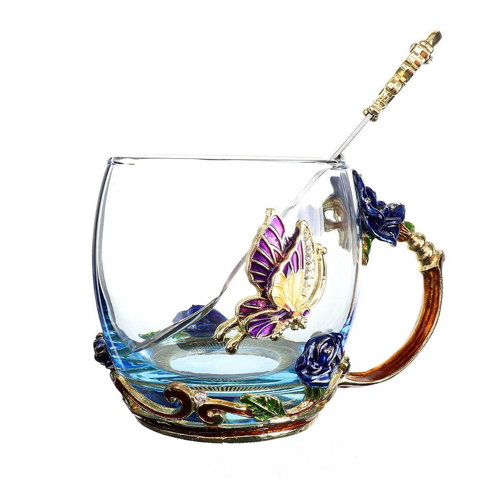 TOPONE Blaue Rose Emaille Kristall Tasse Blume Tee Glas Hochwertige Glastasse Blumenbecher mit Handgriff Perfektes Geschenk für Liebhaber Hochzeit