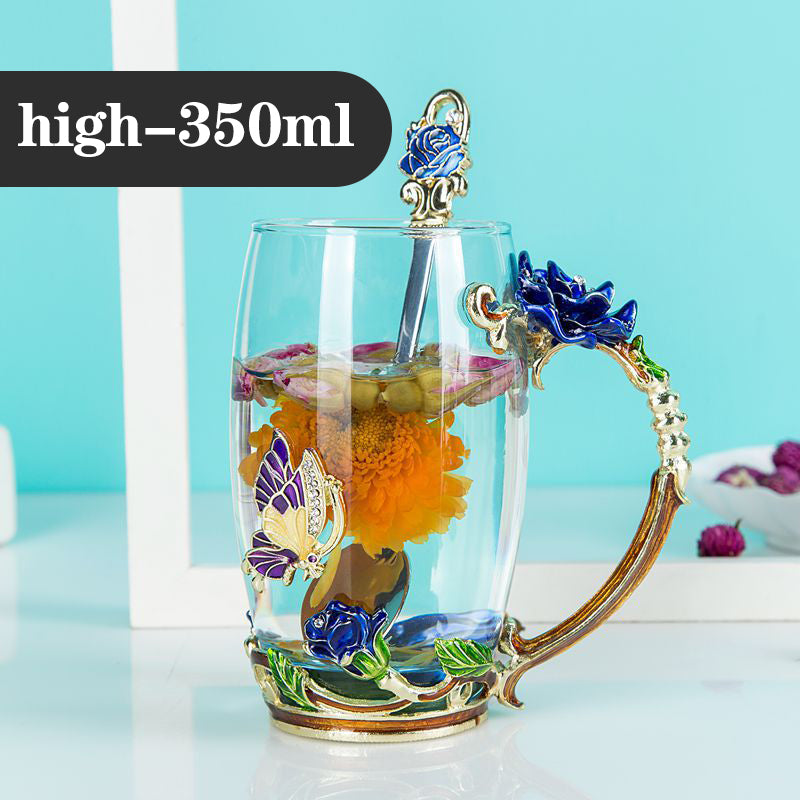 TOPONE Blue Rose Enamel Crystal Cup Flower Tea Glass High-grade Glass Cup Flower Mug with Handgrip Perfect Gift For Lover Wedding