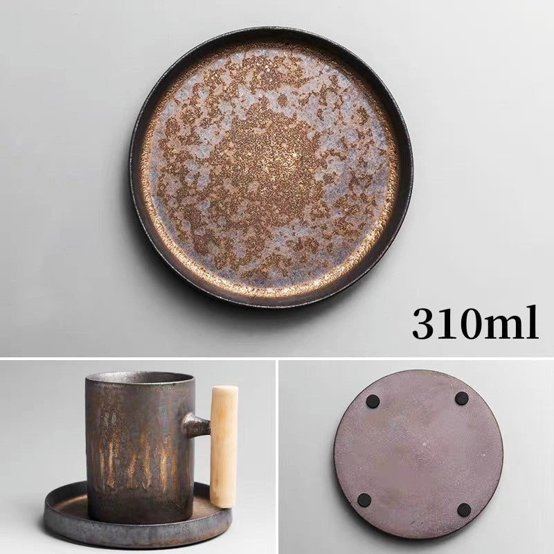 TOPONE Japanese-style Vintage Ceramic Coffee Mug Tumbler Rust Glaze Tea Milk Beer Mug with Wood Handle Water Cup Home Office Drinkware