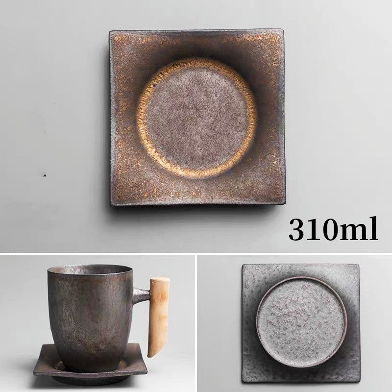 TOPONE Japanese-style Vintage Ceramic Coffee Mug Tumbler Rust Glaze Tea Milk Beer Mug with Wood Handle Water Cup Home Office Drinkware