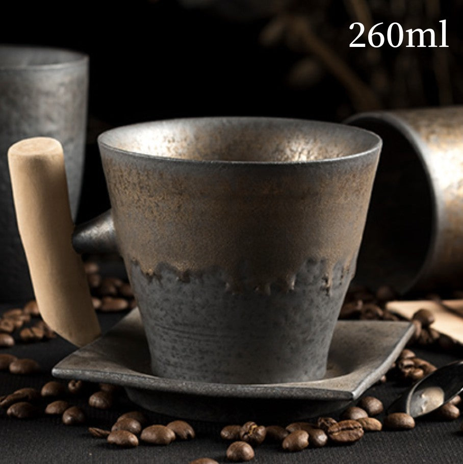 TOPONE Tee-Milch-Bier becher im japanischen Stil aus Keramik, Becher, rost glasur, mit Holzgriff